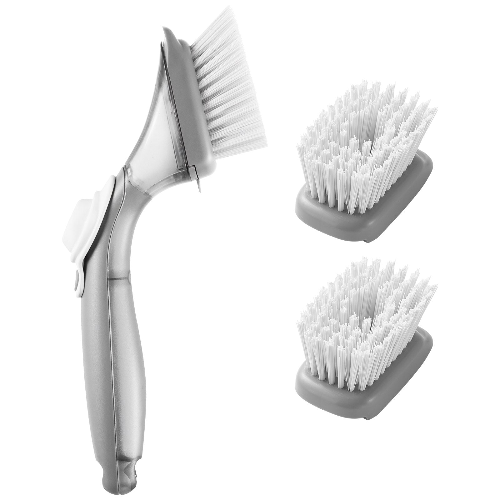 Soap-dispensing dish brush with refillable handle and three scrubber heads