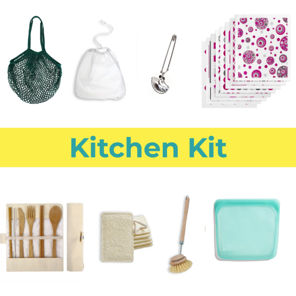 Zero-waste kitchen starter kit with reusable plastic-free essentials laid out