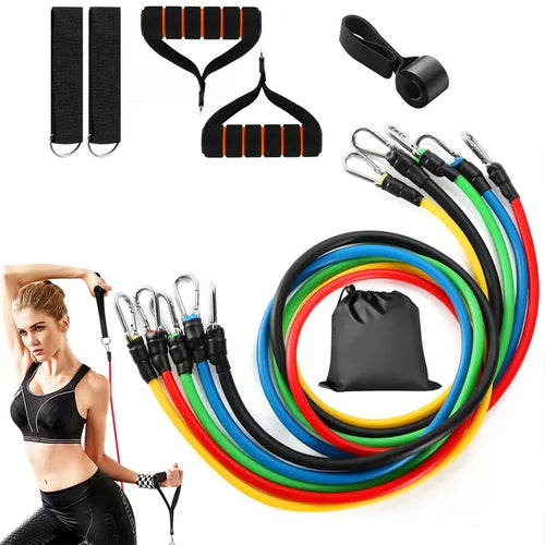 Eleven-piece resistance bands set with handles, anchor, and carry bag